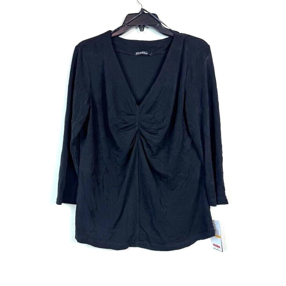 JPR Studio Womens M Black Ruched V Neck Long Sleeve Top NWT BO67